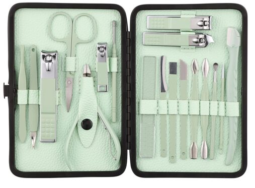 Nail Cutter Set, 18 Pieces Grooming Kit (Eyebrow Razor, Tweezer, Hair Plucker, Baby Nail Cutter, Ear Cleaner,Nail Cleaner,) Pedicure Gift for Men and Women, Green spancare