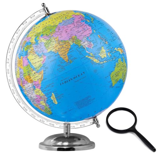 Globe for Kids, STEM STEAM Educational World Globe Metal Base with Magnifying Glass for Kids/Political  Globe/Office Globe/Globes for Students - 10 INCH (Blue)