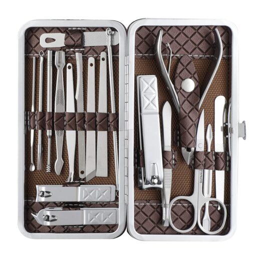 18 Pieces Manicure Kit, Pedicure Tools for Feet, Nail Clipper, Ear Pick Tweezers, Manicure Pedicure Set for Women and Men, Brown