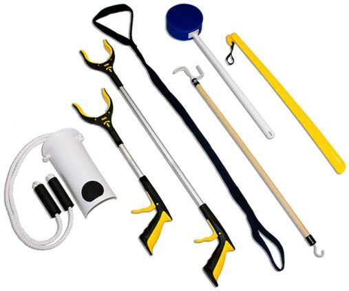 7-Piece Hip Knee Replacement Kit with Leg Lifter, 19 and 32 inch Rotating Reacher Grabber, Long Handle Shoe Horn, Sock Aid, Dressing Stick, Bath Sponge – Ideal for Knee or Back Surgery Recovery spancare