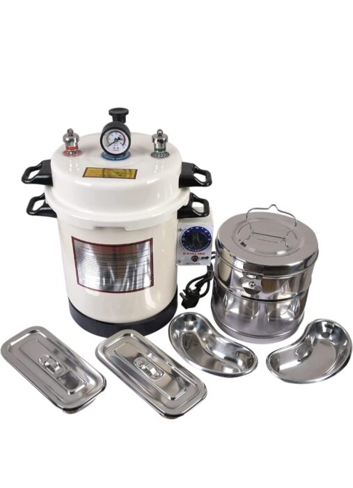 Autoclave Sterilizer Electric with timer & 8×8 Sterilizer Dressing Drum, Instrument Tray 8×3 (2 pc.), Kidney Tray 8 Inch (2 pc.) Heavy Duty in Epoxy Finish 13L (Size 11×9 inch) spancare