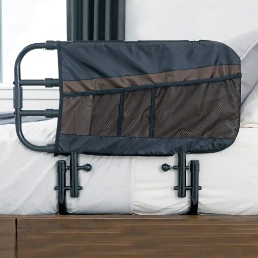 Adjustable Bed Rail for Elderly Adults with Grab Bar & Pouch