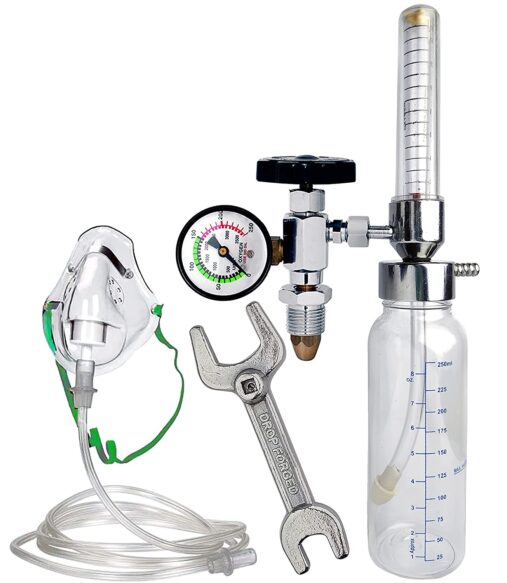 Oxygen Flowmeter with Rotameter & Humidifier Bottle with Oxygen Cylinder Key & Adult Oxygen Mask spancare