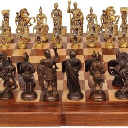 Hand Crafted Roman Brass Chess Set with Wooden Board, 2 Players for kids and adults,Brown spancare