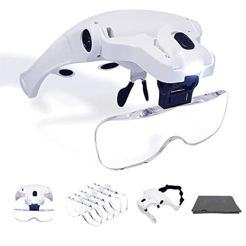 LED Illuminated Headband Magnifier Visor with Cleaning Cloth- 1X to 3.5X Zoom with 5 Detachable Lenses – Hands Free Head Worn Lighted Magnifying Glass for Inspecting & Electronic Repair