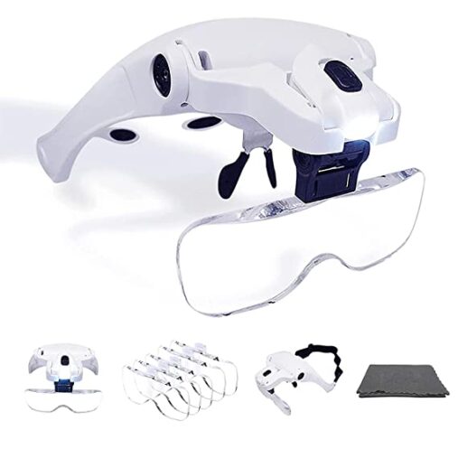 LED Illuminated Headband Magnifier Visor with Cleaning Cloth- 1X to 3.5X Zoom with 5 Detachable Lenses – Hands Free Head Worn Lighted Magnifying Glass for Inspecting & Electronic Repair spancare