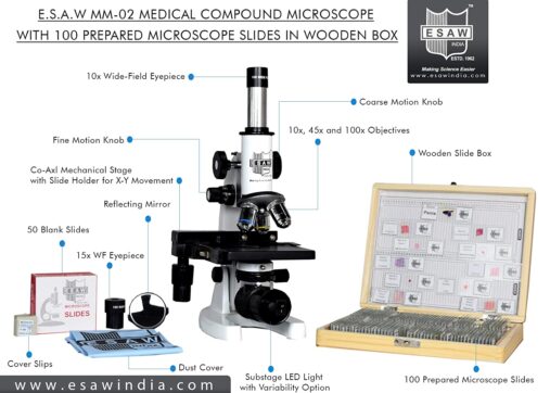 Compound Medical Microscope with 100 Prepared Microscopes Slides for Students (Magnification: 100X to 1500X) spancare