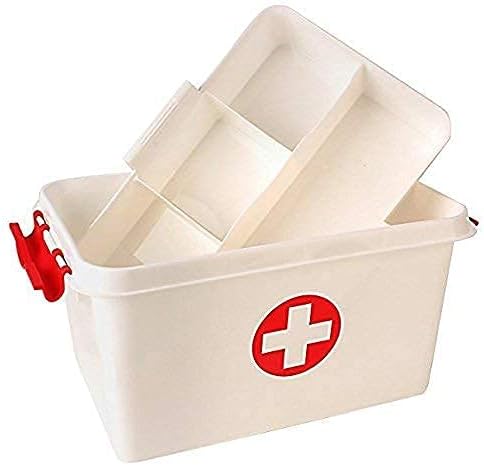 SPANCARE PHARMACEUTICALS Portable Double Layers Cabinet First Aid Kit Box Household Plastic Pill Storage Box with Detachable Tray and Handle spancare