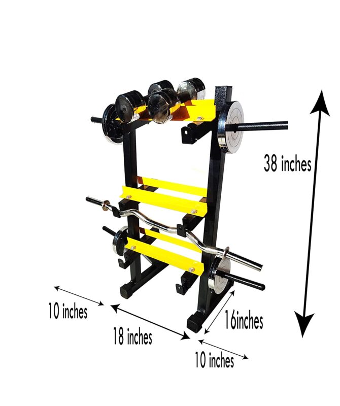 3 in 1 Dumbbell Rack with bar Holder and Plate Stand (Black & Yellow) spancare