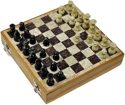Chess Board Set with Stone Inlaid Work, 8 Inch Wooden Board, Stone Pieces