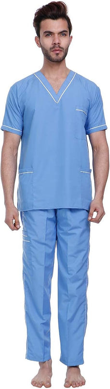 SPANCARE PHARMACEUTICALS Unisex Scrub Suit set with piping V-Neck 3 Pocket Top and Cargo Type Trouser (Ocean Blue) spancare