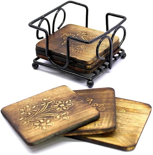Wooden Coasters Set with Iron Holder Rustic Vintage Design