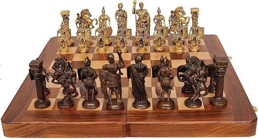 Roman Brass Chess Set with Wooden Board