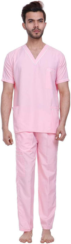 SPANCARE PHARMACEUTICALS Unisex Scrub Suit set with piping V-Neck 3 Pocket Top and Cargo Type Trouser (Pink)(PACK OF 5) spancare