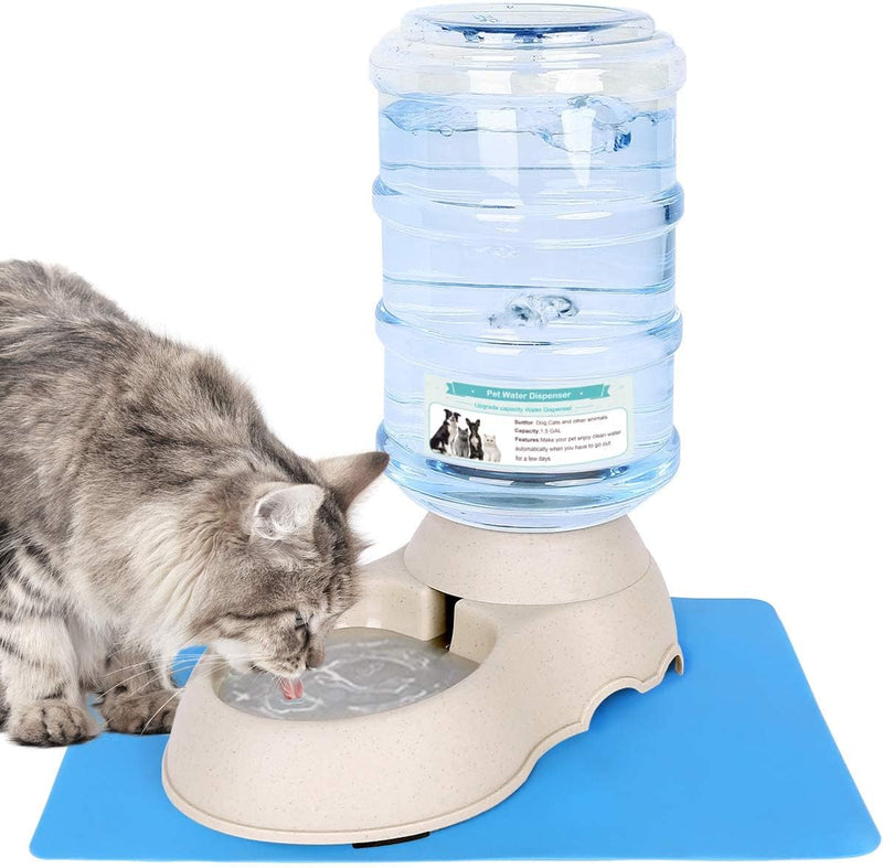 Automatic Cat Water Dispenser with Pet Food Rubber Mat for Small Medium Dog Pets Puppy Kitten Big Capacity 1.5 Gallon spancare