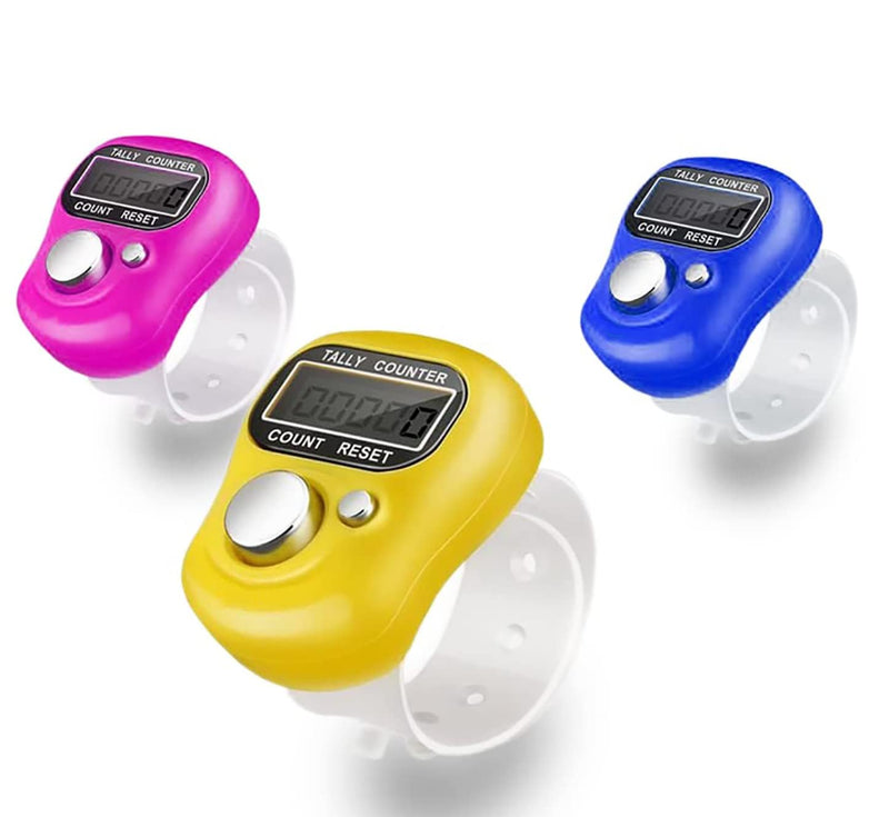 SPANCARE PHARMACEUTICALS Digital Electronic Mini Finger Ring Head Hand Tally Japa Counter, for Various Counting Purpose Pack of 3 (Assorted Colour)" spancare