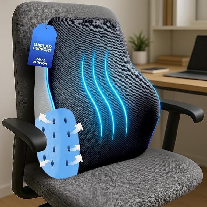 SPANCARE PHARMACEUTICALS Back Support for Office Chair Lumbar Support for Office Chair, Car Seat Back Support, Memory Foam Pillow (Gel Ventilated, Black/Grey) spancare