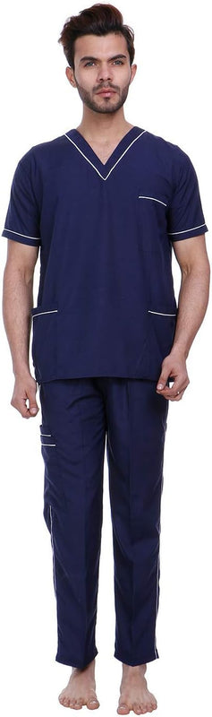 SPANCARE PHARMACEUTICALS Surgicals Unisex Scrub Suit set with piping V-Neck 3 Pocket Top and Cargo Type Trouser (Navy Blue) spancare