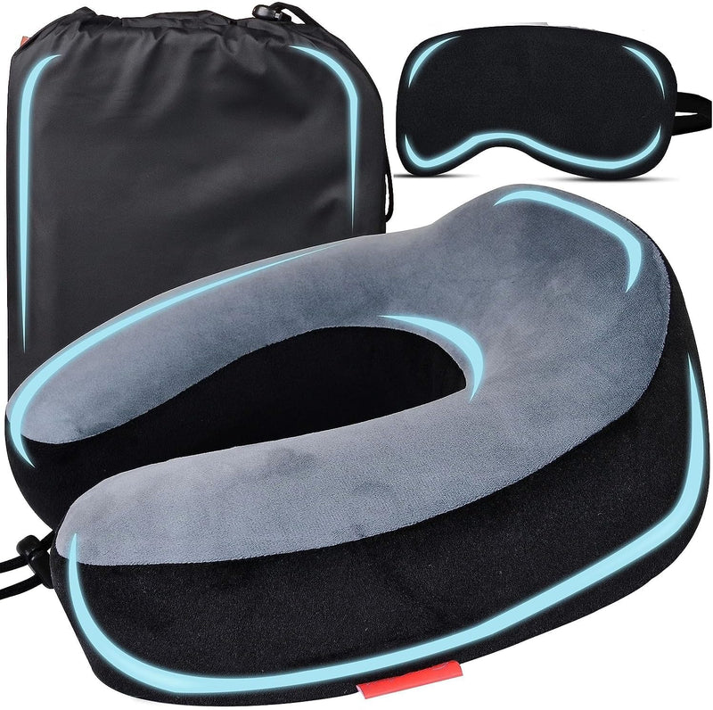 Travel Neck Pillow Memory Foam with Eye Mask and Carry Bag Combo for Travel in Flight car Train Airplane Sleeping for Men and Women (Grey Black) spancare